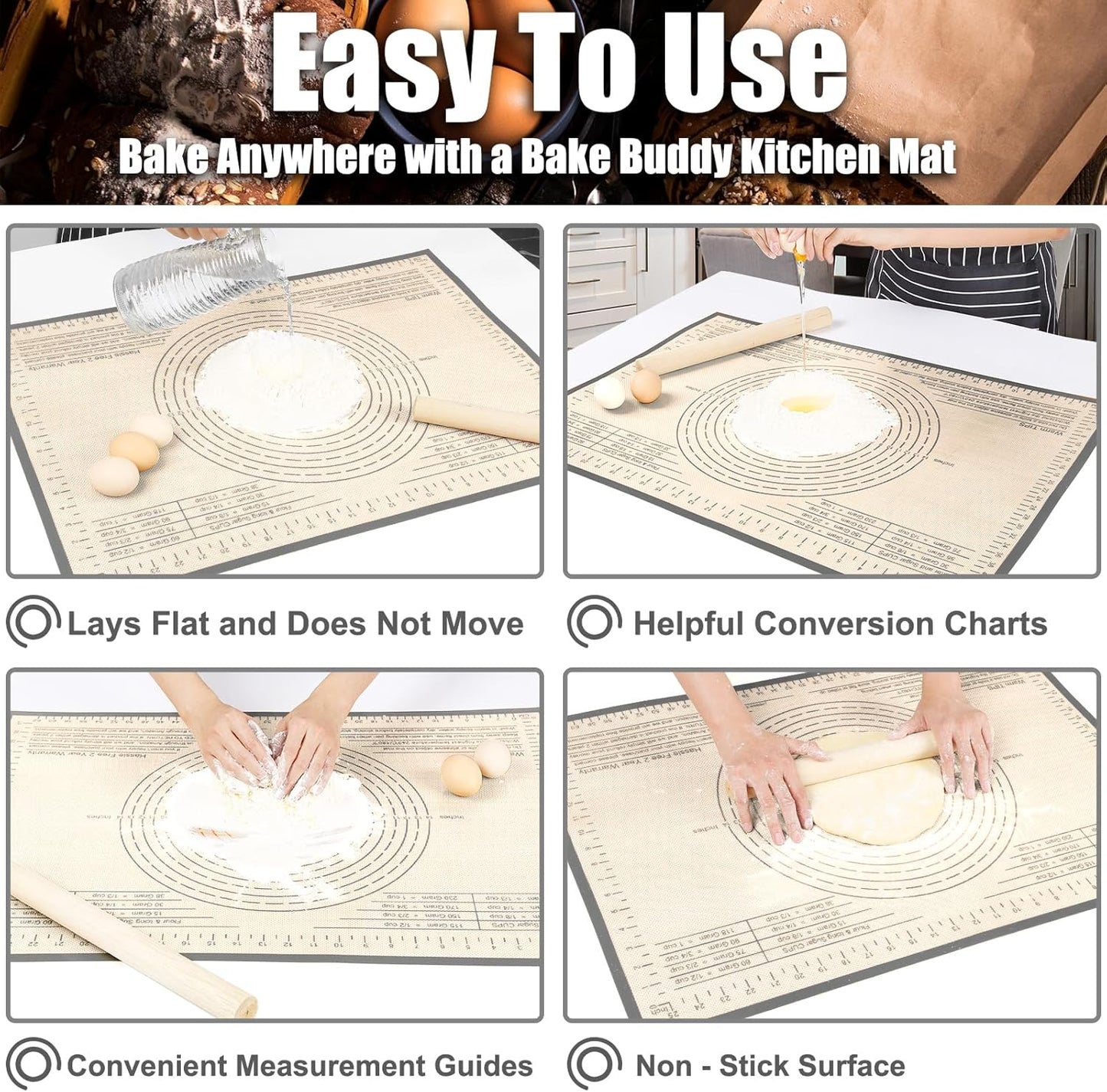 Silicone Baking Mat 36x24 Inch Nonstick Pastry Mat Perfect for Dough Mat, Pastry Board, Kitchen Counter Mat - For Dough, Pastry, Pie Crust, Fondant, Cookies, Bread, Pasta/Pizza, Grey