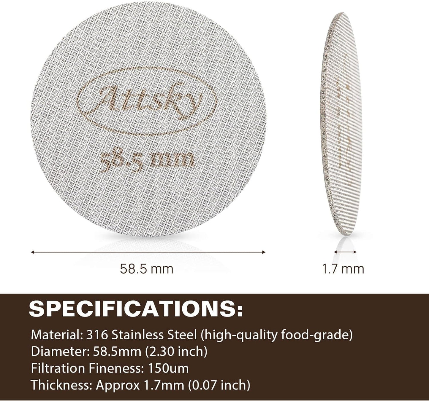 58.5mm Espresso Puck Screen, Espresso Filter for 58mm Portafilter Filter Basket, Reusable Espresso Screen with 1.7mm Thickness 150μm 316 Stainless Steel
