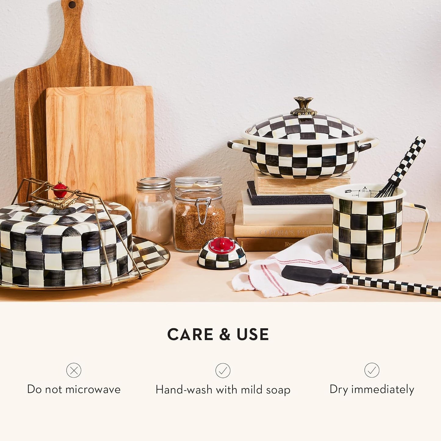 MACKENZIE-CHILDS Enamel 7-Cup Measuring Cup, Decorative Measuring Cup with Spout, Black-and-White Courtly Check