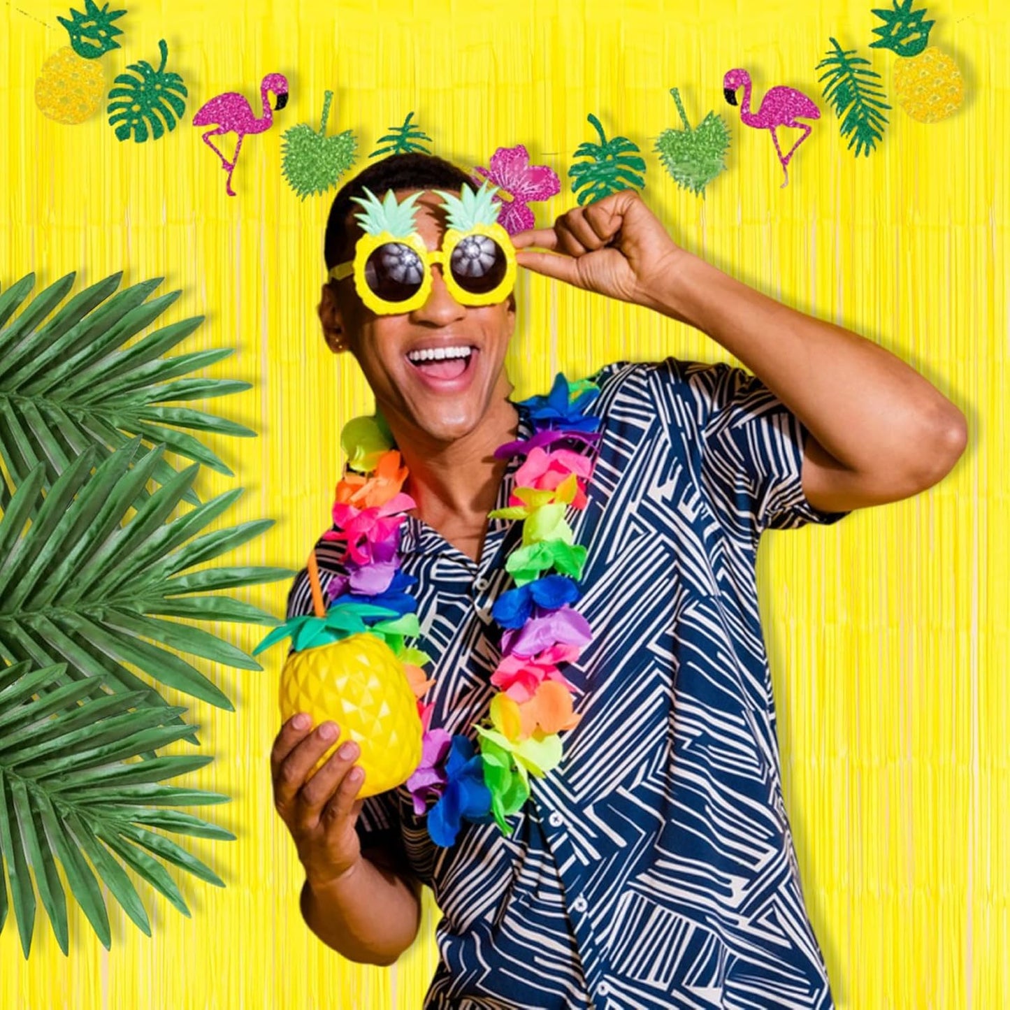 BRAVESHINE Foil Fringe Curtain Backdrop - 2 Pack Yellow Tinsel Photo Booth Backdrop Party Streamers for Easter, Birthdays, Christmas, Lemon, Pineapples, Kids' Party Decorations