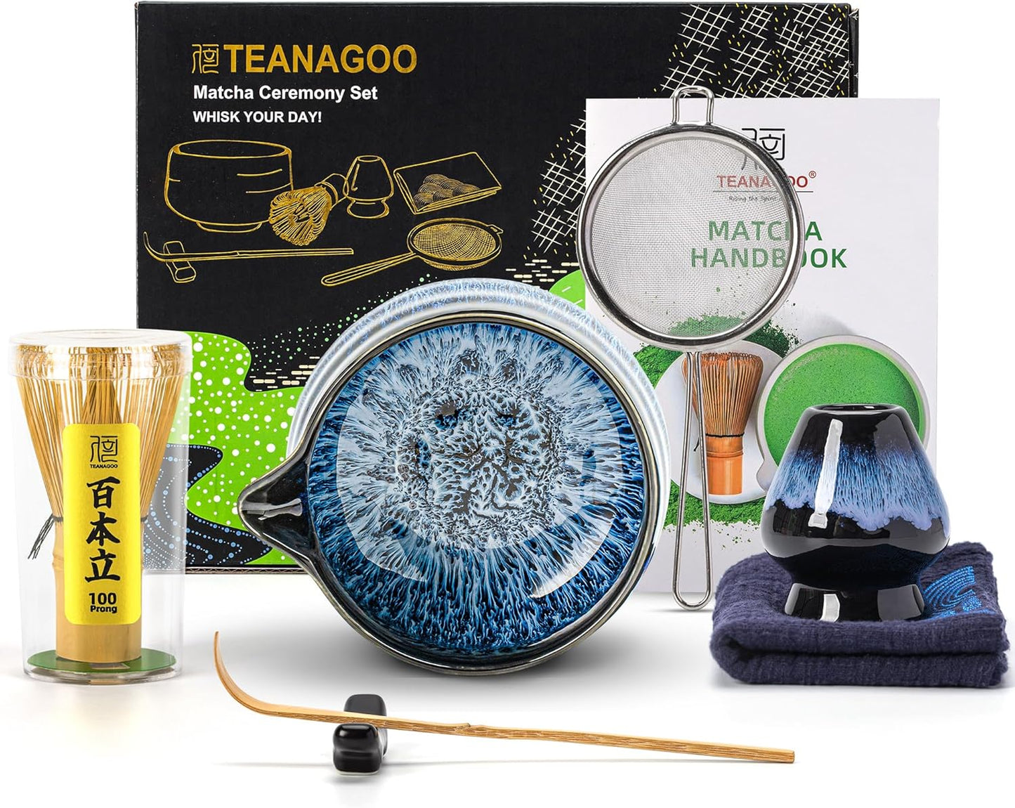 TEANAGOO 7 Pcs Matcha Whisk Set,Matcha Set for Ceremony,Matcha Kit Junware-Blue,Matcha Tea Set for Making Breakfast/Latte,Ceramic Bowl(chawan) whith Spout and Whisk,Gift for Matcha Lover
