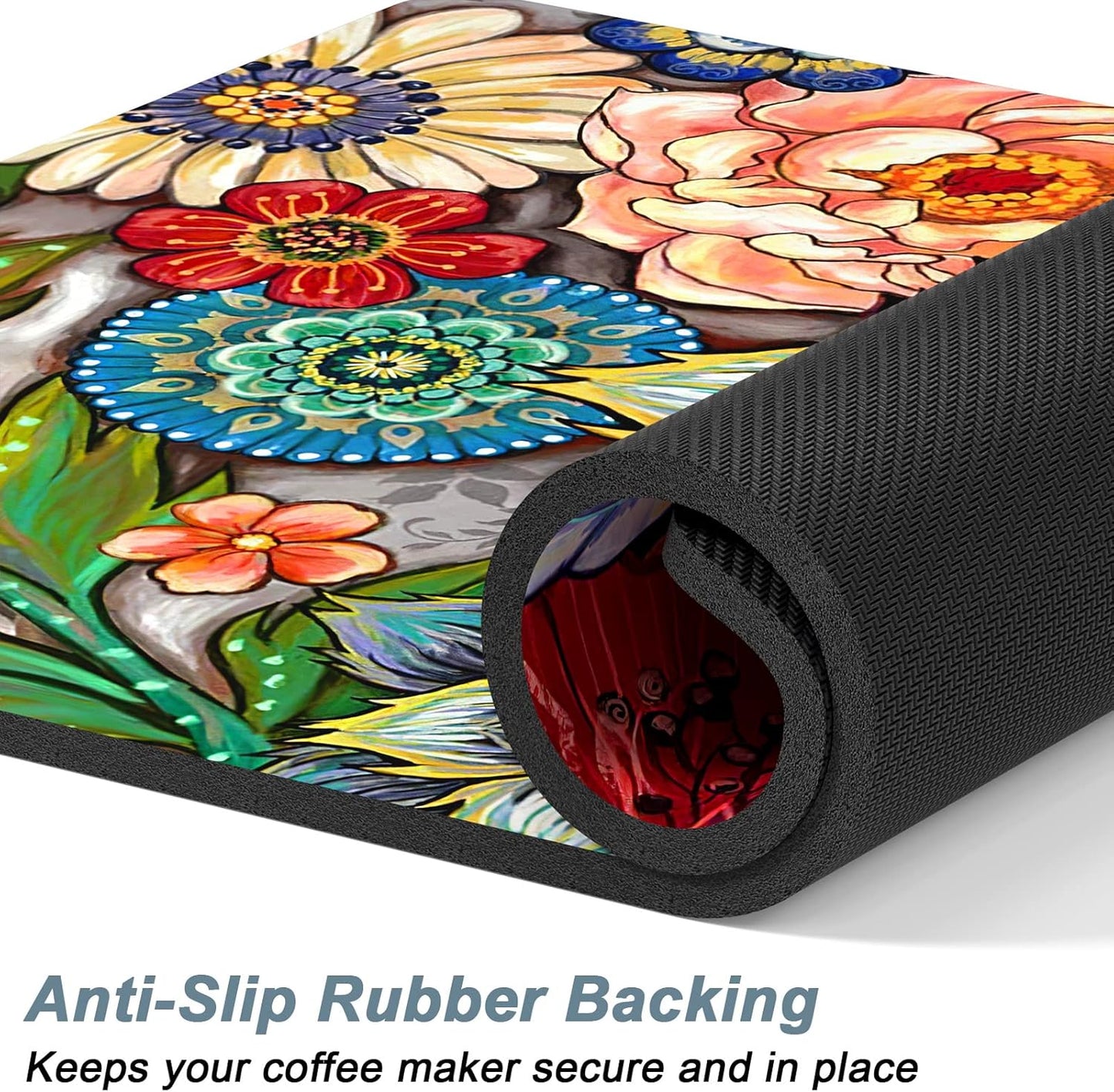 Rnivvi Coffee Mat, 12" x 19" Cute Flower Theme Coffee Bar Mats for Espresso Machine Station Accessories and Organizer, Hide Stain Rubber Backed Absorbent Dish Drying Pad for Kitchen Counter, Mandala