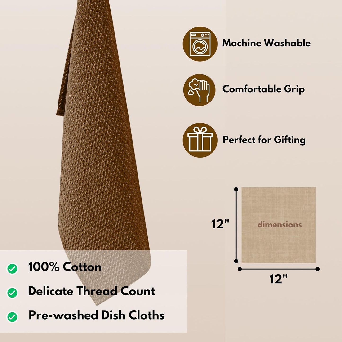 Native Fab 18 Pack Waffle Dish Cloths - 12x12 inch, 100% Cotton, Absorbent, Quick Drying, Washable & Reusable Towels for Cleaning, Cooking, Baking - Ideal for Home, Restaurants, Hotels, Cafes - Brown