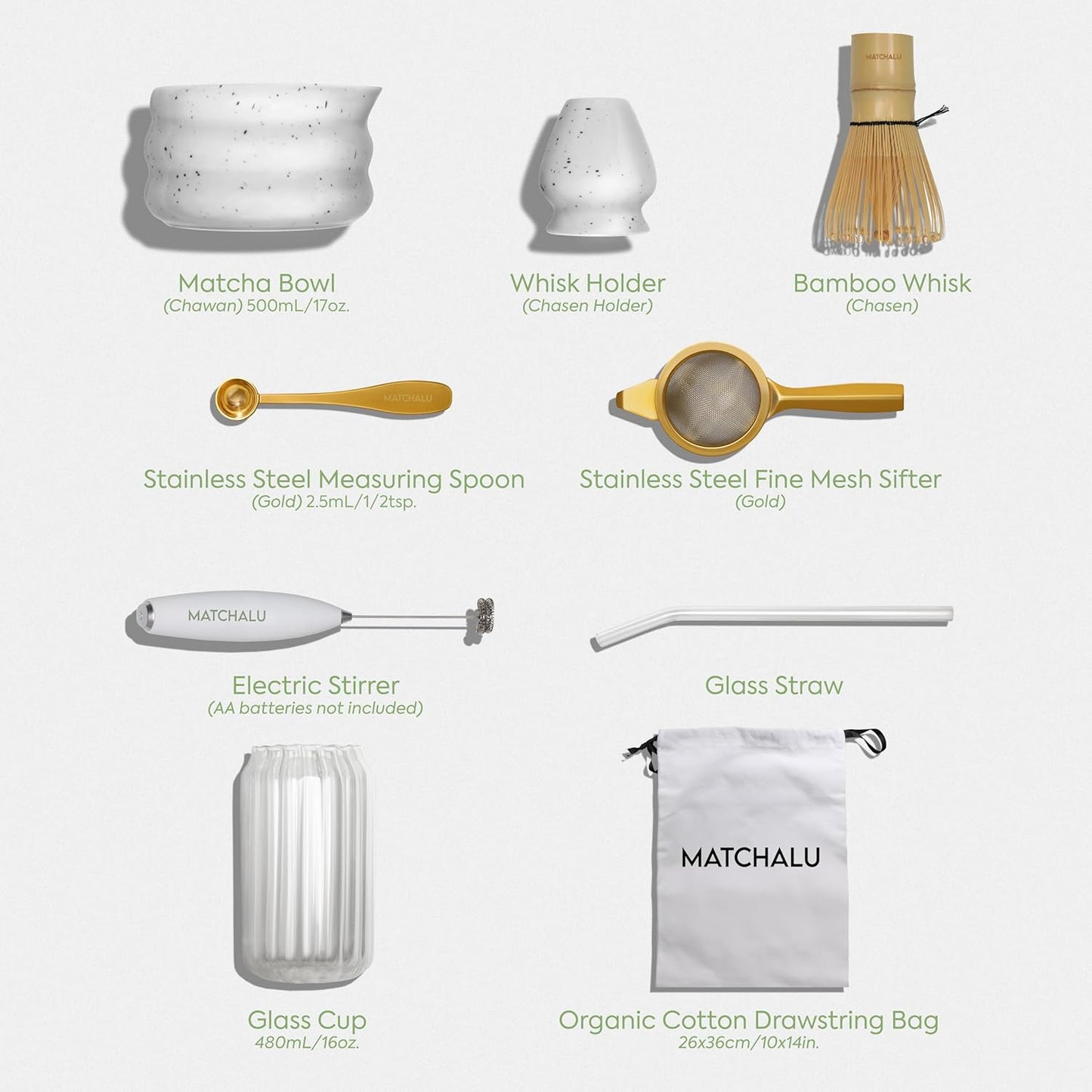 Premium 9 Piece Matcha Set Includes Ceramic Matcha Bowl, Bamboo Whisk & Holder, Stainless Steel Spoon & Sifter, Glass Cup & Straw, Electric Frother, Storage Bag - Gift for Matcha Lovers (White)