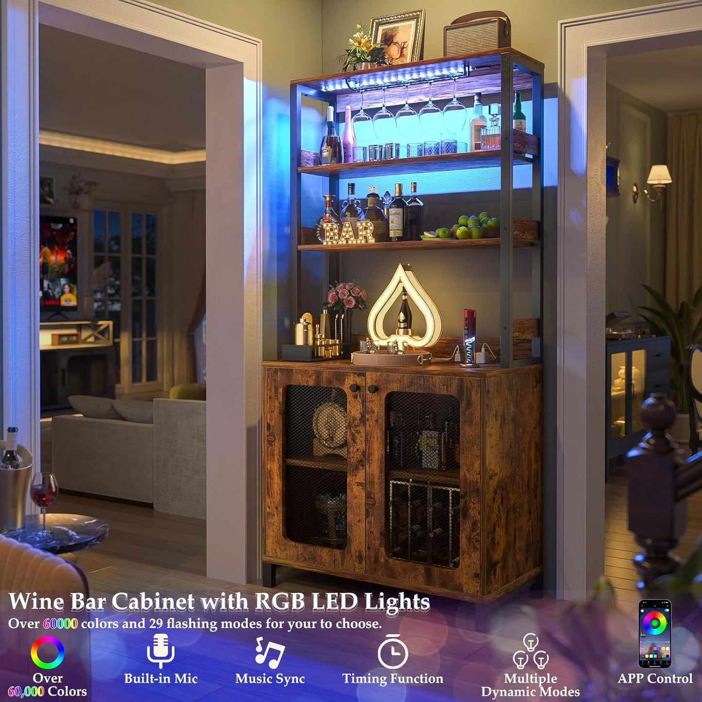 Aheaplus Bar Cabinet with Power Outlets, 67" Tall Wine Bar Liquor Cabinet with LED Lights & Glass Holder, Coffee Bars Station for Living Room, Microwave Stand Bakers Rack Cabinets, Rustic Brown