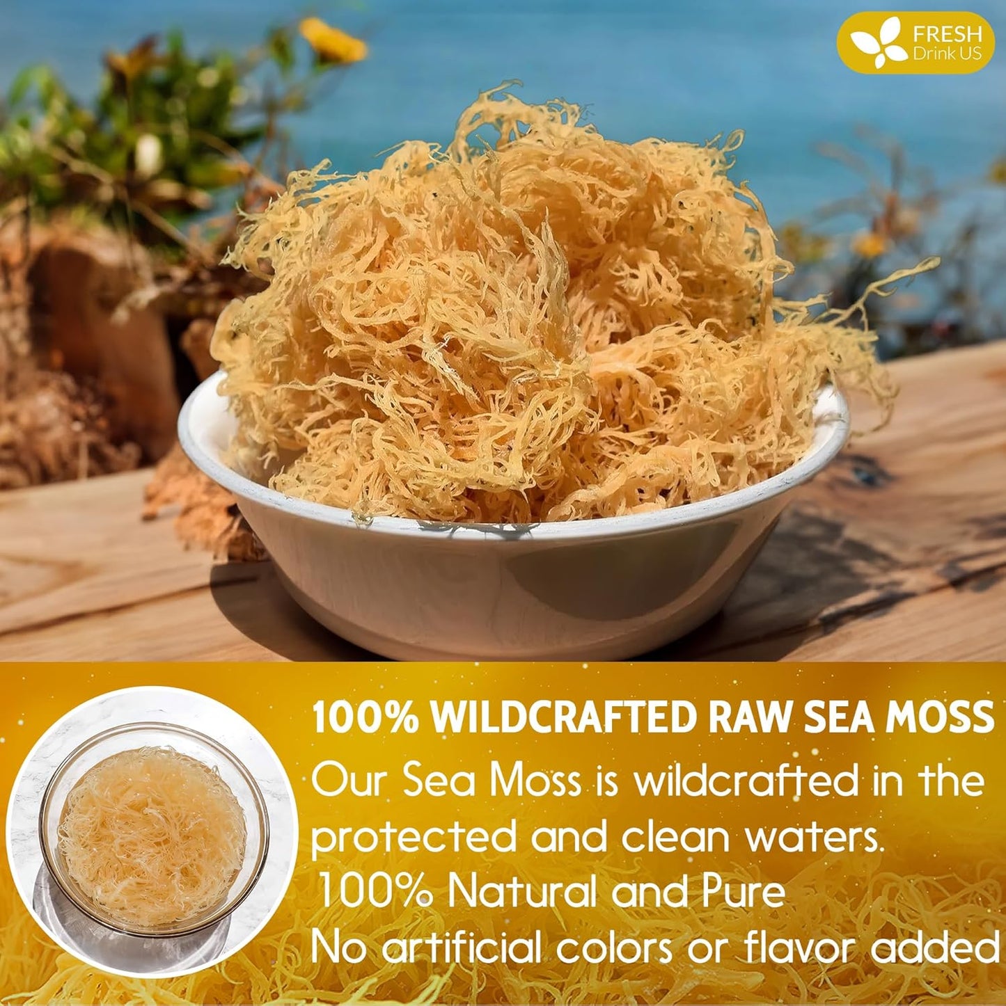FRESHDRINKUS, Premium - Natural Sea Moss, Make 42oz of Gel, Goldne Raw Sea Moss Dried, 100% Natural & Pure, Wildcrafted, Sundried, Caffeine Free, Sugar Free, Gluten Free, Vegan, Mineral Rich