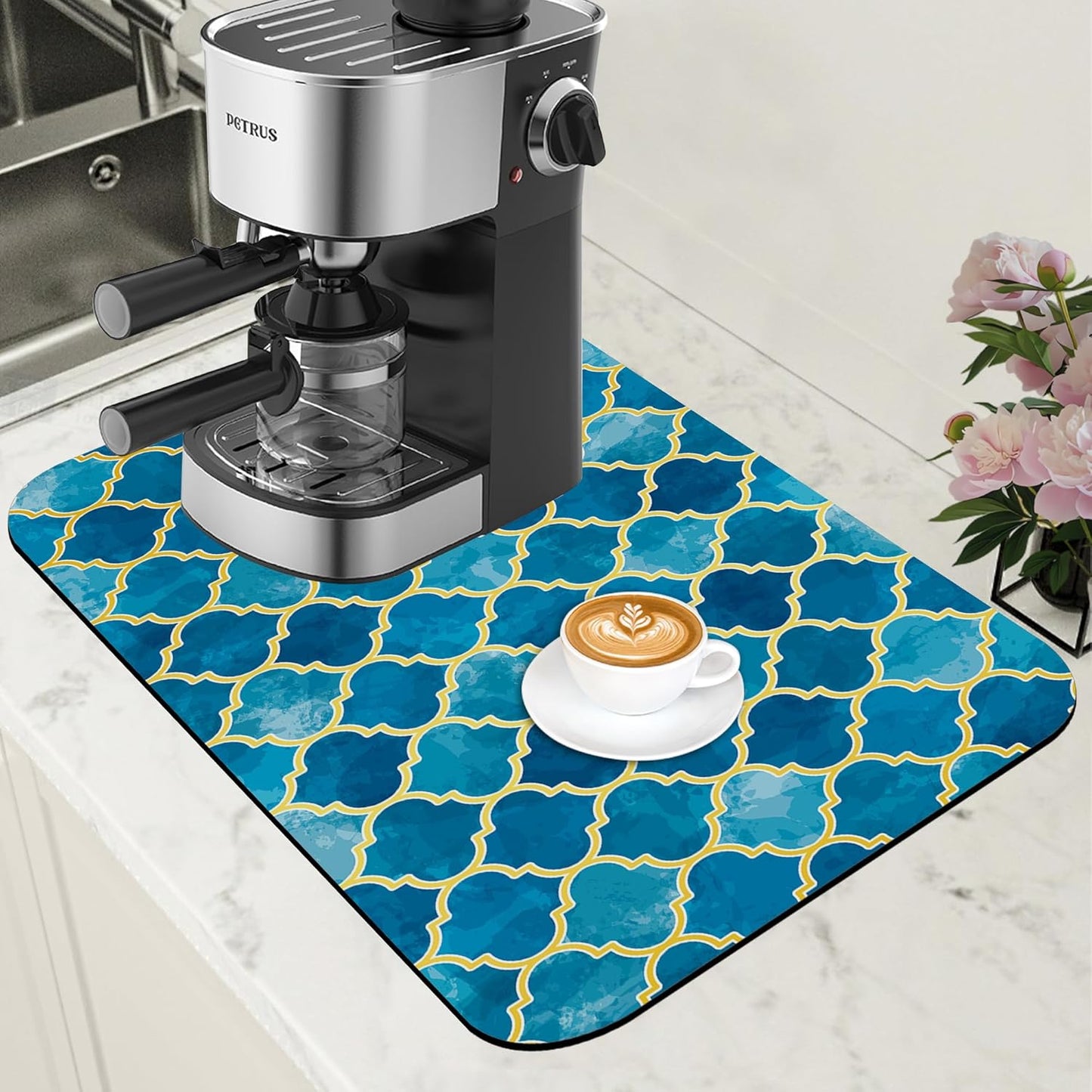 Dish Drying Mat Blue Moroccan Tile Coffee Bar Mat for Countertop Absorbent Hide Stain Rubber Backed Dish Drainer Rack Pad Espresso Machine Table Accessories Dining Room Decor 11.8 x 19.7 Inch