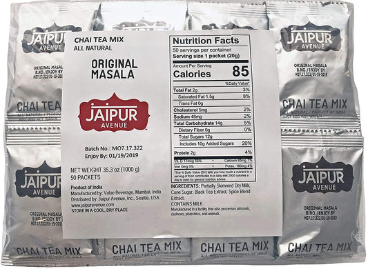 Jaipur Avenue Masala Chai Tea Mix Crafted with All-Natural Assam Black Tea, Masala, Cane Sugar, and Premium Dry Milk - Preservative-Free, Gluten-Free, Authentic Indian Chai Tea Latte (50 Packets)
