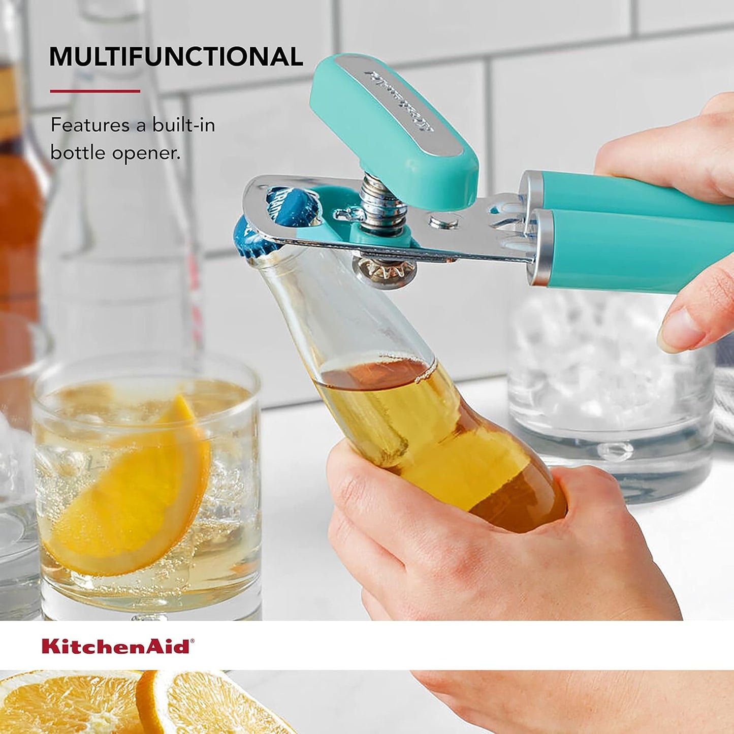 KitchenAid Classic Multifunction Can Opener and Bottle Opener Easy to Use, Razor Sharp Stainless Steel Cutting Wheel, Soft Ergonomic Handles, Aqua Sky
