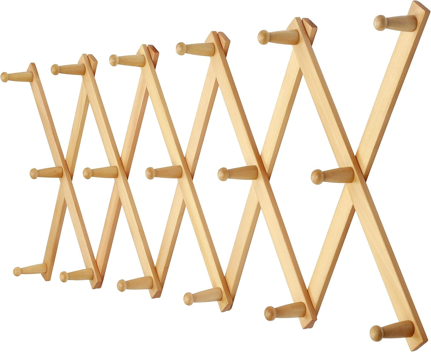 Dseap Accordian Wall Hanger: 16” High Wooden Wall Expandable Coat Rack, Hat Rack Holder, Accordion Hook for Baseball Caps, Coats, Mugs, 17 Peg Hooks, Natural