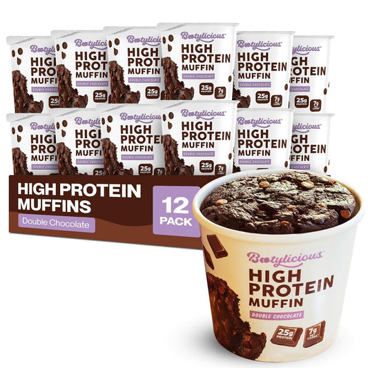 Bootylicious | High-Protein Muffin | 25g Protein, 7g Net Carbs, 2.32-2.75oz Cup, 12-Pack (Double Chocolate)