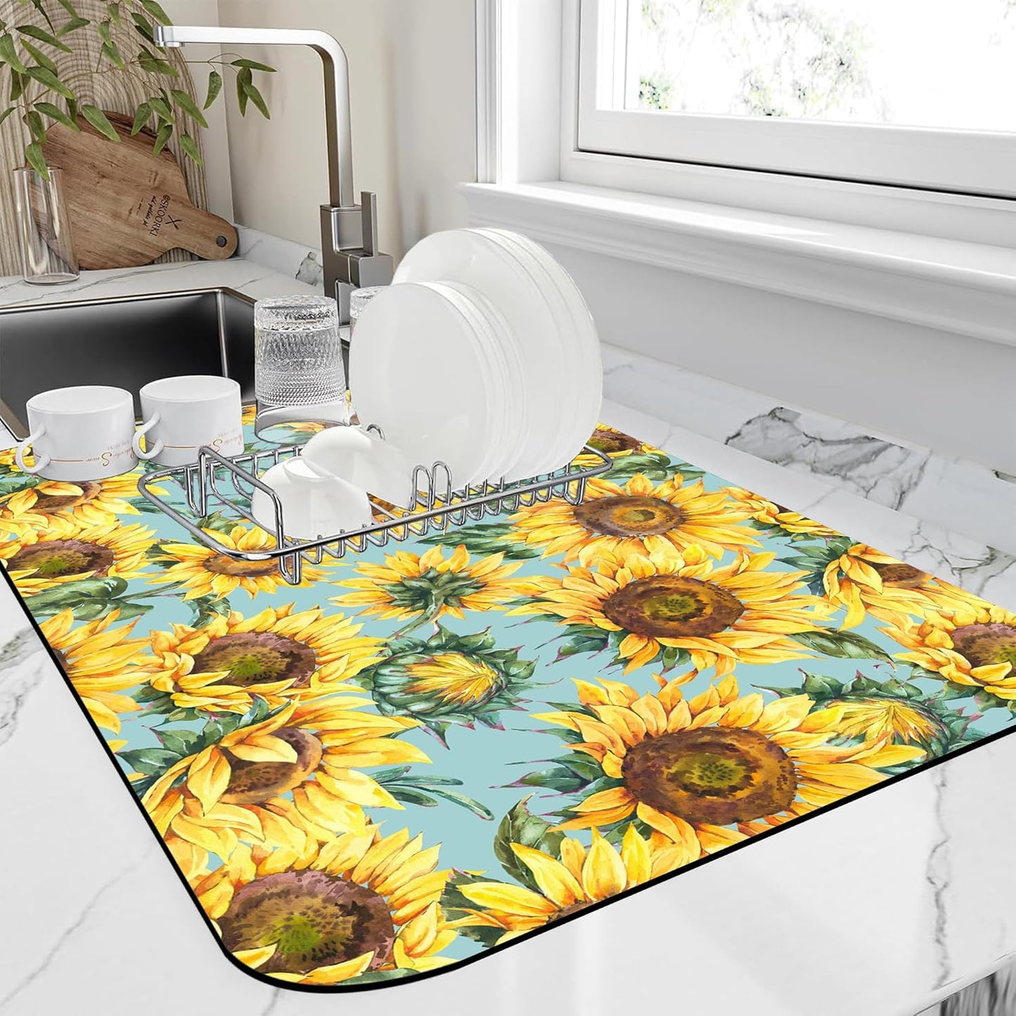 Dish Drying Mat Watercolor Rustic Sunflower Dish Drying Pad,16"X24" Bsorbent Coffee Mat for Sink Dishes or Under Rack Kitchen Counter Accessories Absorbent Hide Stain Rubber Backed Drying Mat