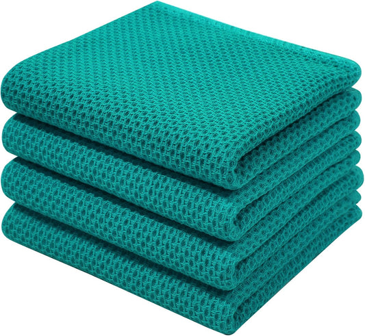 Homaxy 100% Cotton Waffle Weave Kitchen Dish Towels, Ultra Soft Absorbent Quick Drying Cleaning Towel, 13 x 28 Inches, 4-Pack, Teal
