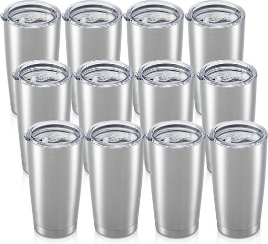20 oz Tumbler with Lid Stainless Steel Insulated Tumblers Bulk Double Wall Vacuum Cups Powder Coated Travel Mug Keep Drinks Cold and Hot, Stainless Steel, 12 Pack