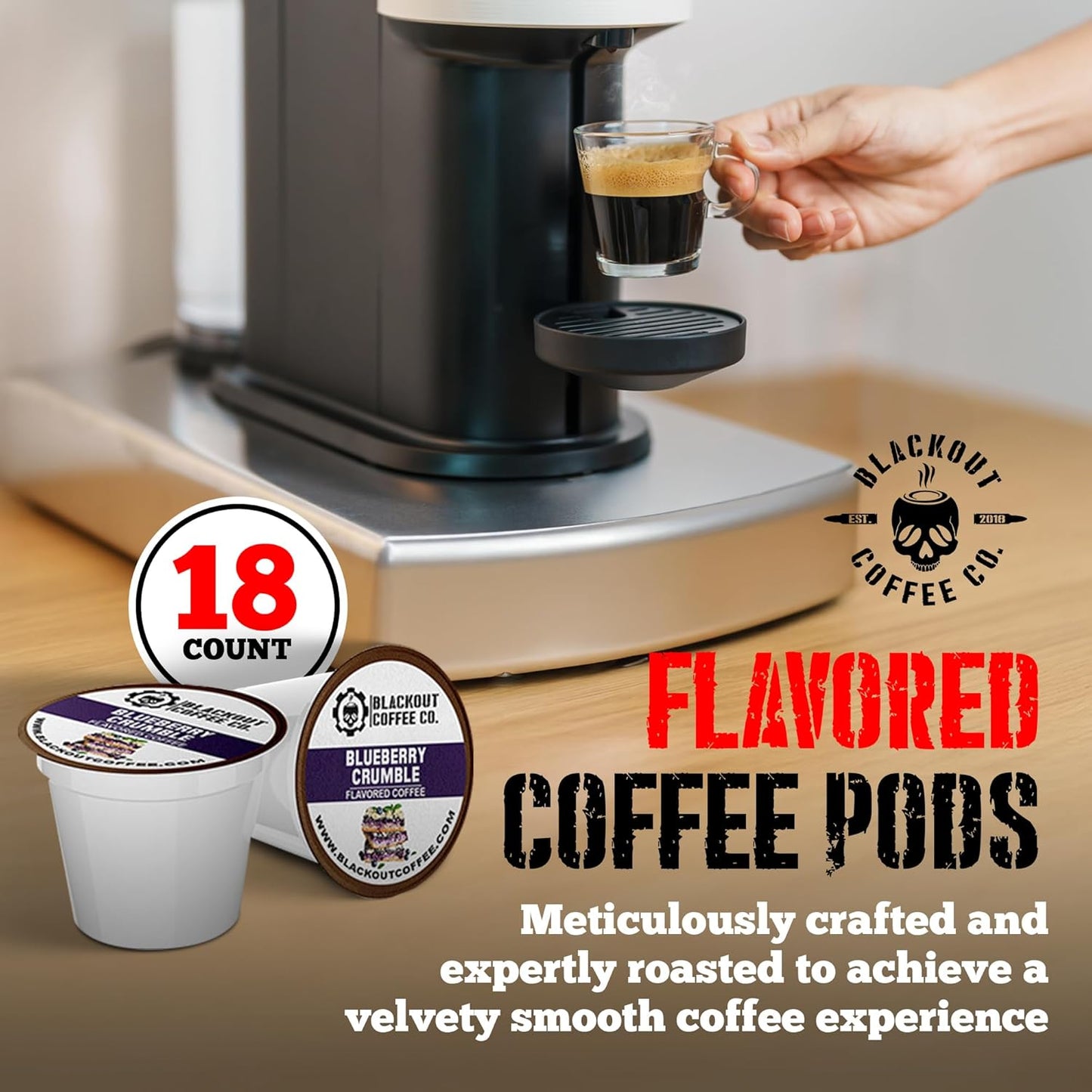 Blackout Coffee Blueberry Crumble Flavored Pods, Freshly Roasted in the USA - K-Cup Compatible Single-Serve Coffee Pods (18 Count)