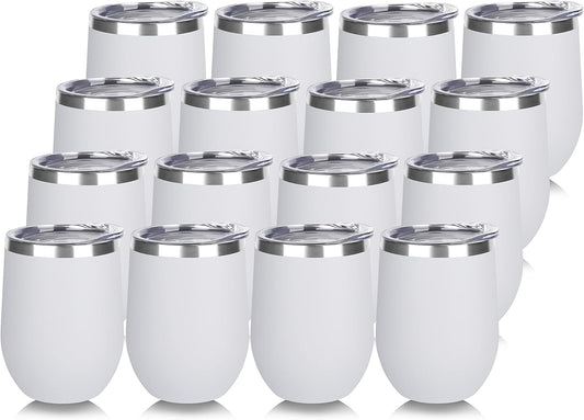 DOMICARE Stainless Steel Wine Tumbler Bulk with Lid, Personalized White Insulated Tumblers Set, 12oz Travel Coffee Cups Pack of 16
