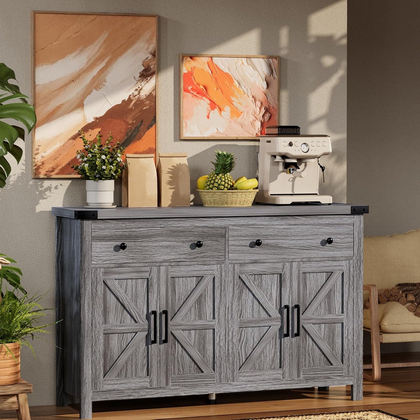 55" Sideboard Buffet Cabinet with Storage, Coffee Bar Cabinet with 2 Drawers and 4 Barn Doors, Long Storage Cabinet Modern Farmhouse, Grey Wood, for Kitchen, Dining Room, Living Room