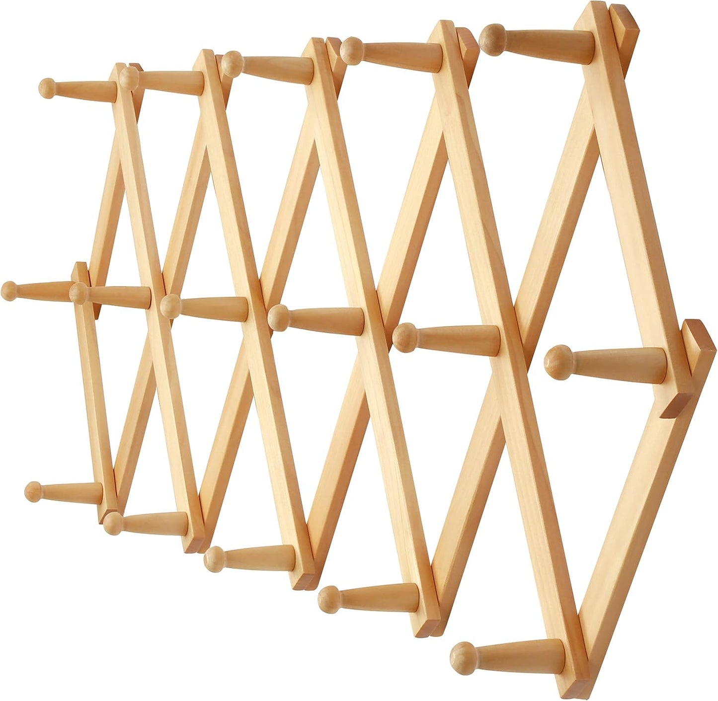 Dseap Accordian Wall Hanger: 16” High Wooden Wall Expandable Coat Rack, Hat Rack Holder, Accordion Hook for Baseball Caps, Coats, Mugs, 16 Peg Hooks, Natural