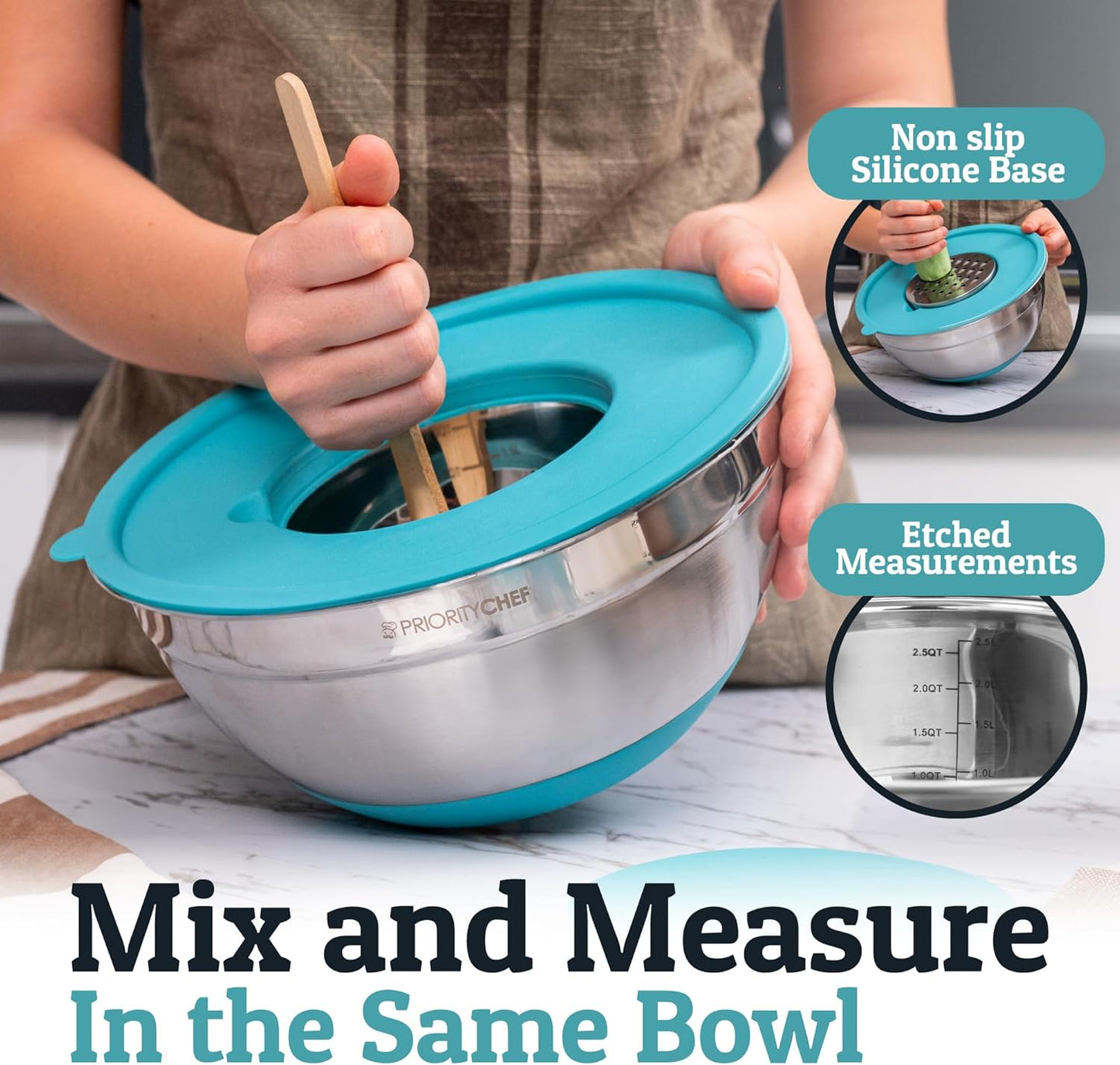 Priority Chef Stainless Steel Mixing Bowls with Lids Set - Premium 30Pcs with 6pc Metal Bowl Set for Kitchen, 3 Graters, Airtight Lids, Non-Slip Bases & Silicone Utensils, Turquoise