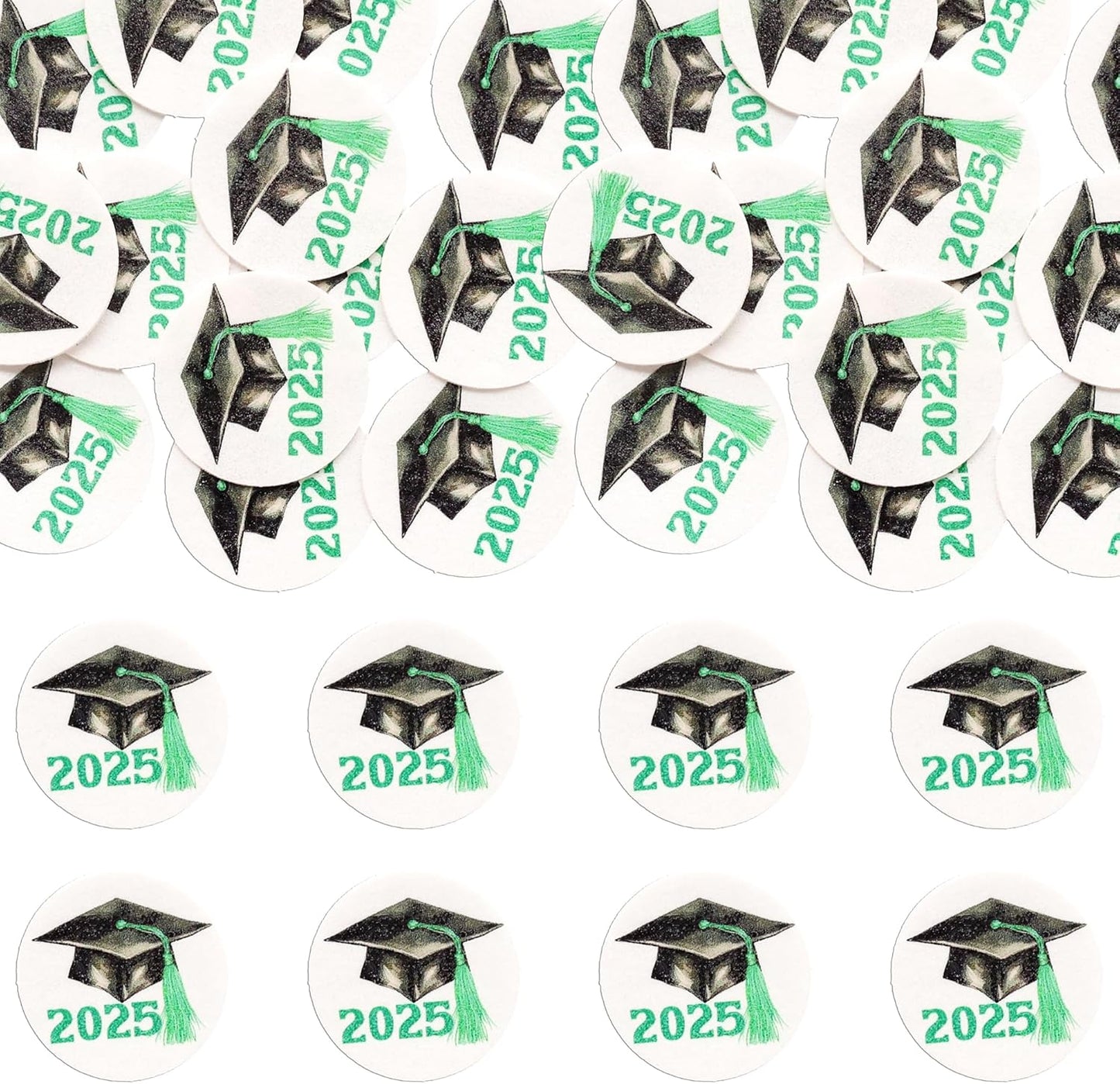 Gyufise 48Pcs Edible 2025 Graduation Theme Cupcake Toppers Wafer Paper Graduation Hat Graduate Cupcake Picks Green