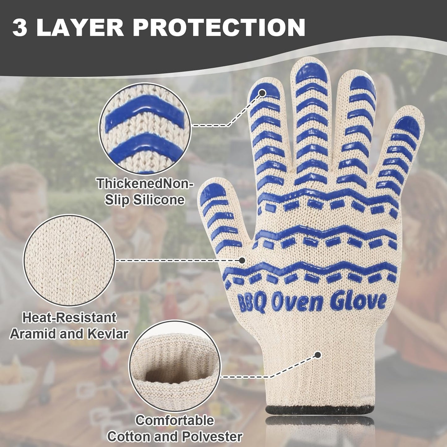 BBQ Gloves 932℉ Heat Resistant Oven Gloves, Cooking Gloves for BBQ, Grilling, Baking,Cutting, Smoker Fireplace-1 Pair(Blue)