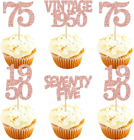 Gyufise 24Pcs 75th Birthday Cupcake Toppers Glitter Cheers to 75 Fabulous Seventy Five Vintage 1950 Cupcake Picks 75th Birthday Wedding Anniversary Party Cake Decorations Supplies Rose Gold