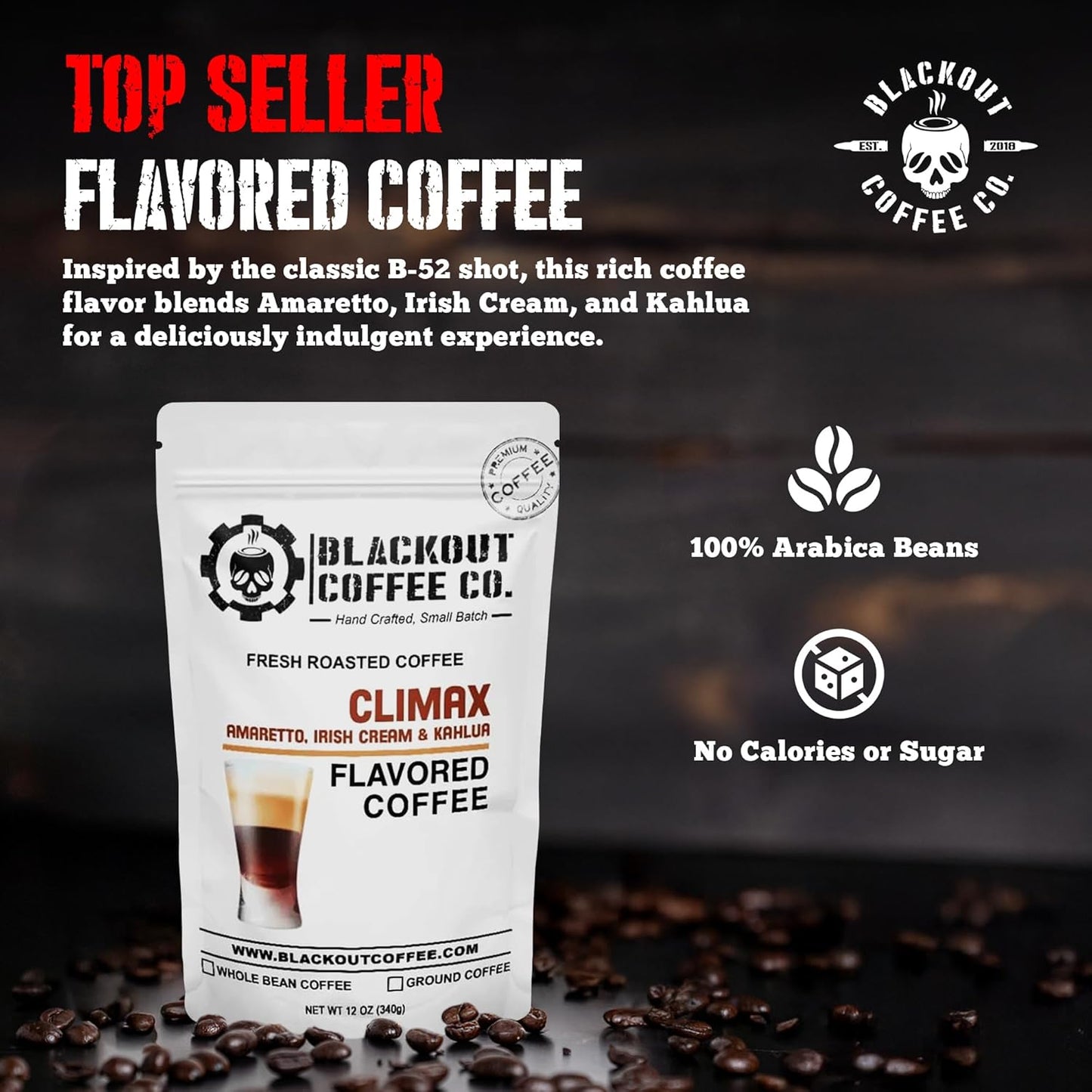 Blackout Coffee Climax Amaretto, Irish Cream & Kahlua Flavored Ground Coffee, Medium Roast - Ground Coffee, Fresh Roasted In the USA,12 oz Pouch