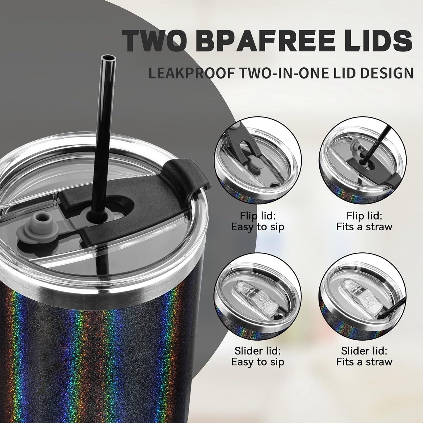 30 oz Tumbler with Lids and Straws, Stainless Steel Insulated Coffee Tumbler, Double Wall Vacuum Insulated Travel Mug Cup, Leakproof Thermal Coffee Cup for Hot and Cold Drinks (Glitter Black)