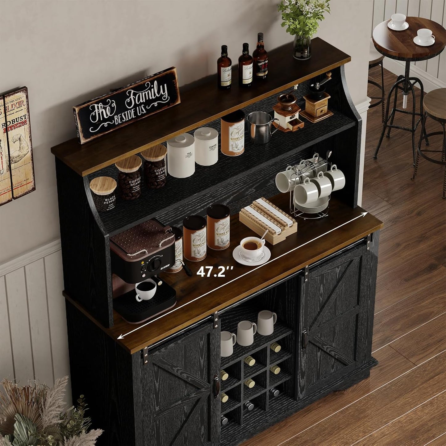 47 Inch Farmhouse Coffee Bar Cabinet with 3-Tier Storage, Kitchen Hutch with 9 Wine Racks & 3 Glass Holders, Coffee Bar with 6 Hooks, Wine Bar Cabinet for Dining Living Room, Black