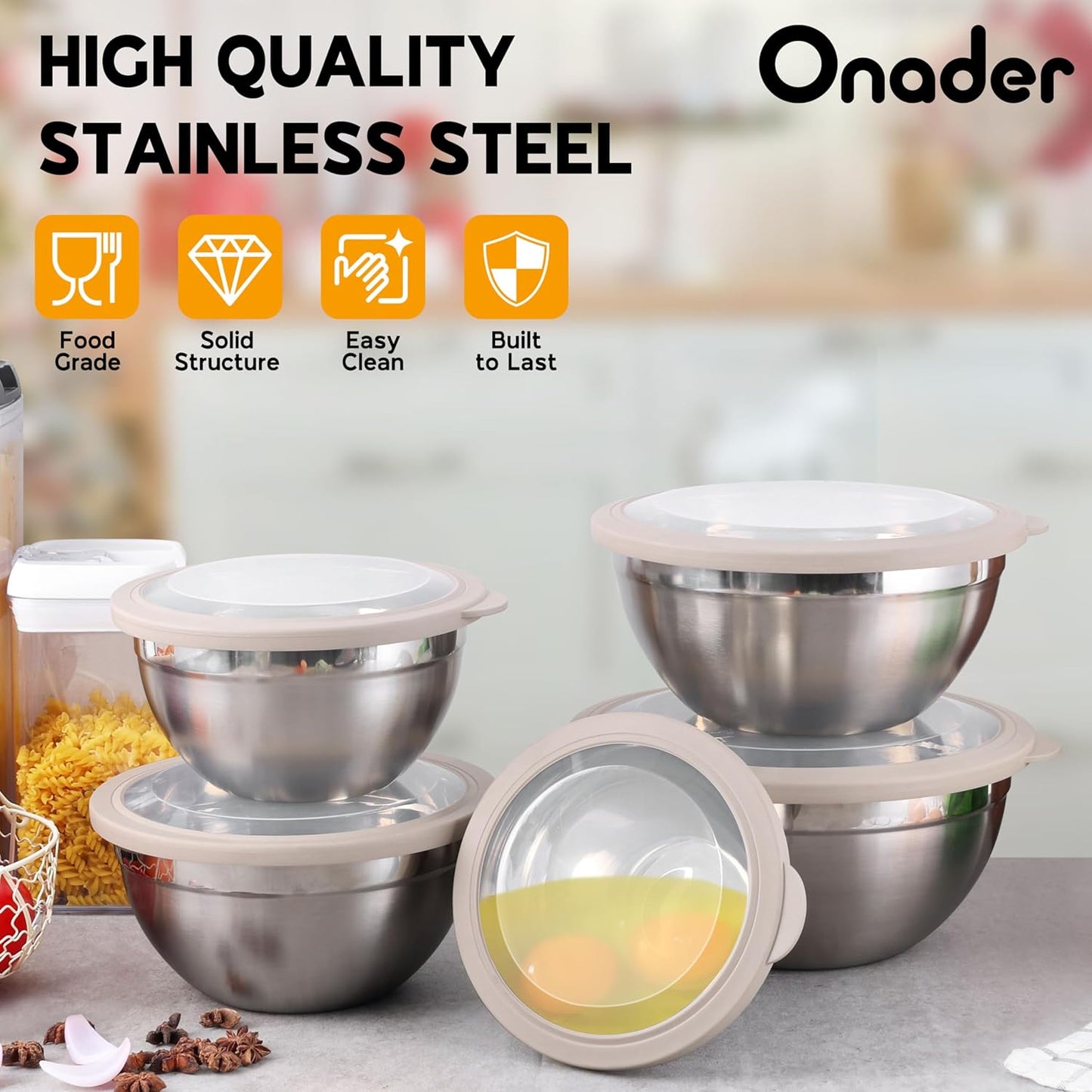 Mixing Bowl Set of 5 for Kitchen, Stainless Steel Metal Nesting Mixing Bowls with Khaki Lids – Size 1.5, 2, 2.6, 3.5, 4.6QT
