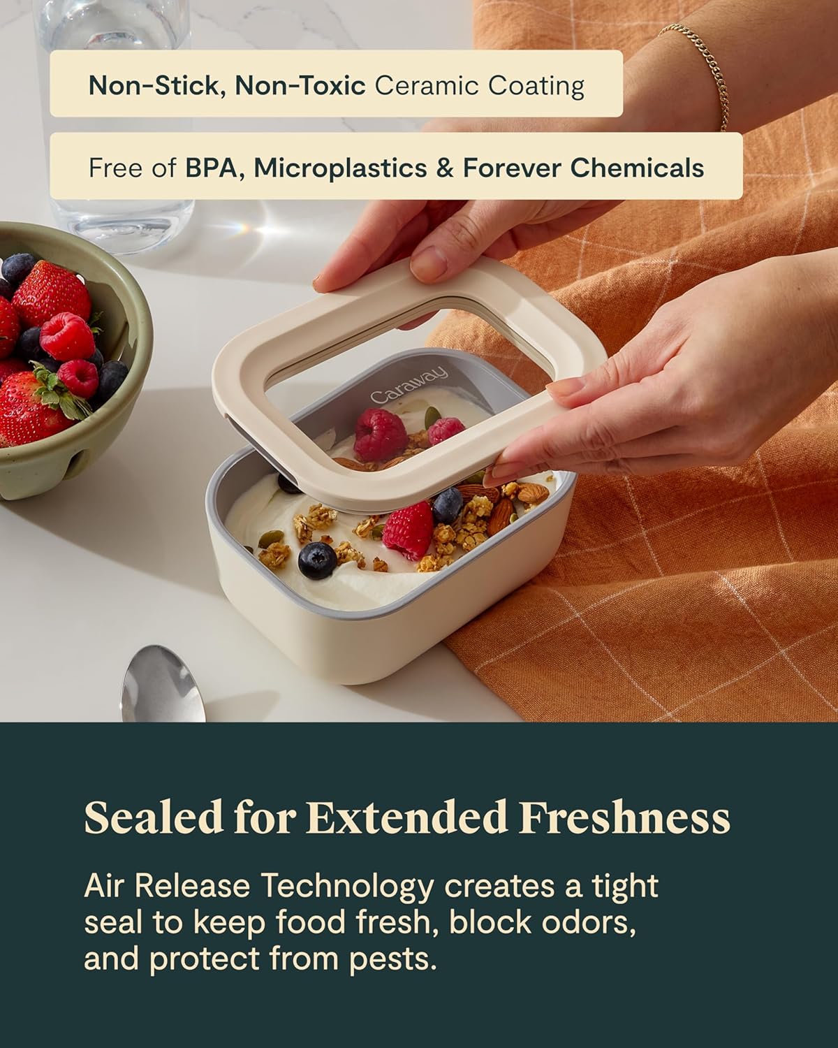 Caraway 2pc Glass Food Storage Set - 2.6 Cup Food Containers (2) - Non-Toxic Ceramic-Coated Glass - Air Release Technology - Compact & Stackable Design - Mist