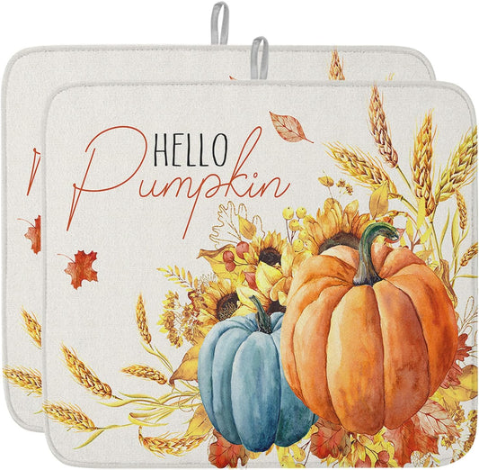 Fall Dish Drying Mat for Kitchen Counter Hello Pumpkin Drying Pad Absorbent Drying Mats for Countertops Sinks Draining Racks Sunflower Ears of Wheat Drainer Holiday Harvest Thanksgiving Decor 18x24