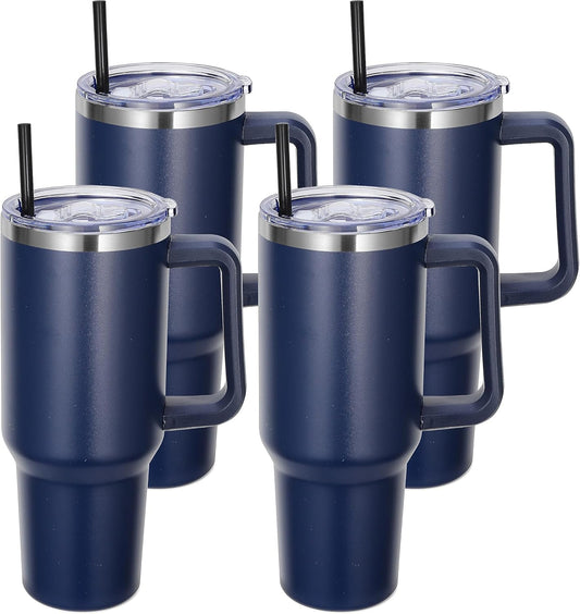 DOMICARE 40 oz Tumbler with Handle and Straw, Stainless Steel Tumbler with Lid and Straw, Reusable Vacuum Insulated Cup, Travel Coffee Mug, Navy Blue, 4Pack