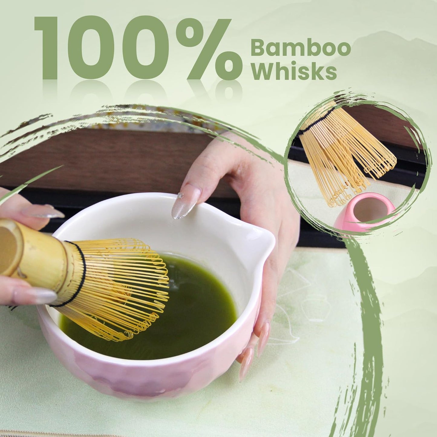 7-Pcs Matcha Whisk Set - Ceramic Matcha Set Includes Bowl,Whisk,Holder,Bamboo Scoop,Scoop Rest,Sifter & Tea Towel – Japanese Traditional Tea Kit for Beginners & Tea Lovers (Gradient Pink)