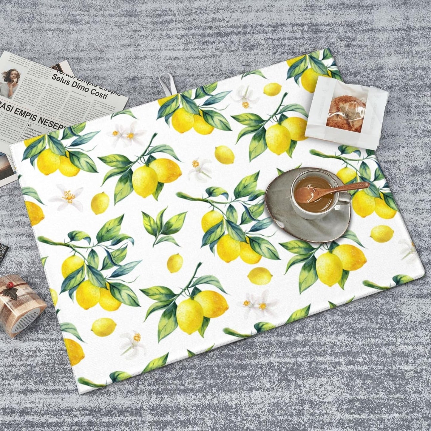 Tropical Lemon Leaves Dish Drying Mat, Highly Absorbent Microfiber Kitchen Counter Pad Reusable Washable, 18*24"