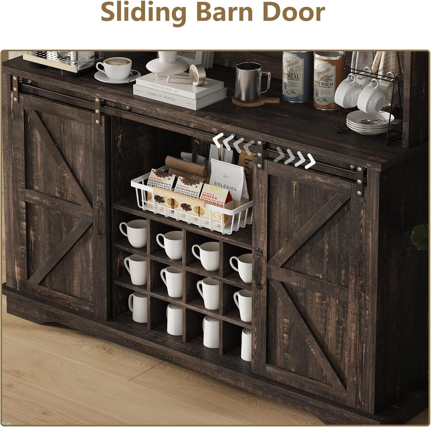 55 Inch Farmhouse Coffee Bar Cabinet with 3-Tier Storage, Kitchen Hutch with12 Wine Racks & 3 Glass Holders, Coffee Bar with 6 Hooks, Wine Bar Cabinet for Dining Living Room, Oak