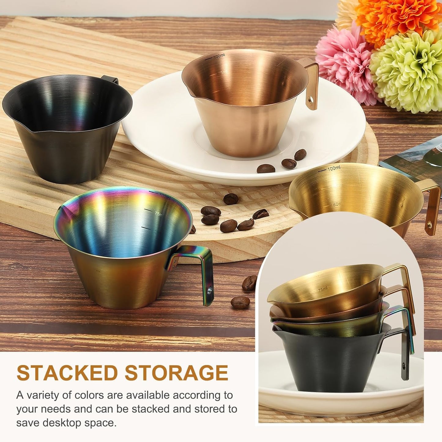 uxcell 2 Pcs Stainless Steel Espresso Cup with Handle, V-Shaped Mouth Espresso Measuring Cup with Scale for Preparing Coffee, Cocktails, 3.4OZ/100ML (Black)