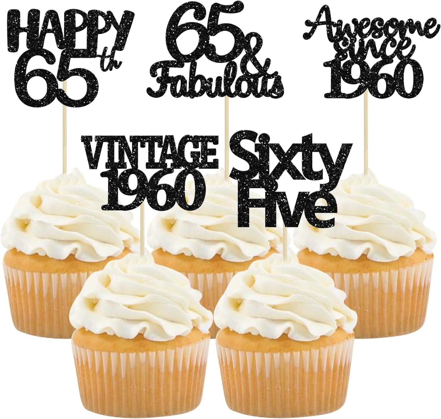 Gyufise 30 Pack Gold Glitter 65th Birthday Cupcake Toppers Vintage 1960 Cake Toppers Hello 65 Cake Topper Sixty Five 65 & Fabulous Cupcake Picks 65th Birthday Cake Decorations Supplies