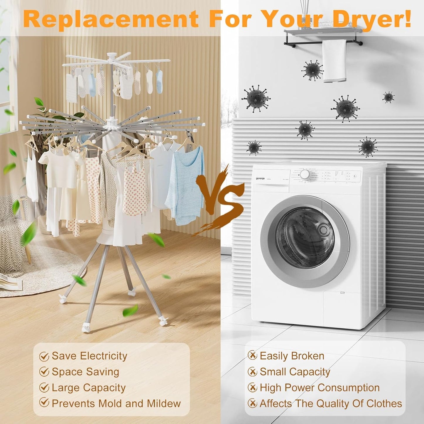 4-Legged Clothes Drying Rack Foldable, Double Dryer Rack with 20 Clips, Outdoor Laundry Drying Rack with 4 Pulleys, Collapsible Drying Rack Clothing, Aluminum Hanging Dry Rack for Clothes,Socks,Towel