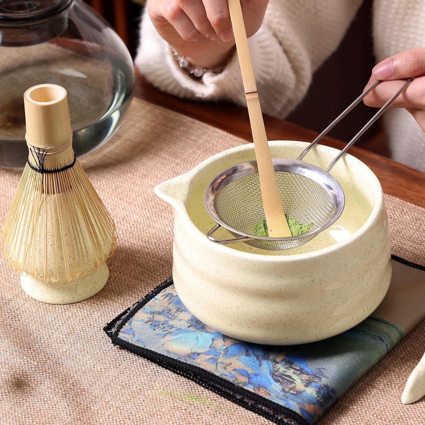 Japanese Ceramic Matcha Bowl - 16oz Speckle Glaze Chawan & Whisk Stand for Perfect Froth, Dishwasher Safe Yellow
