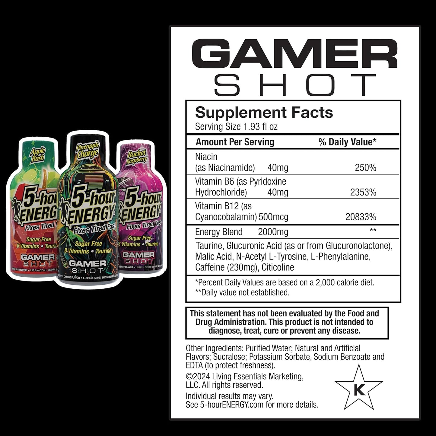5-Hour Energy Gamer Shots Variety Pack, 30 Count (1.93 fl oz) - Extra Strength Apple Bash, Rocket Raspberry, Pineapple Charge Flavors