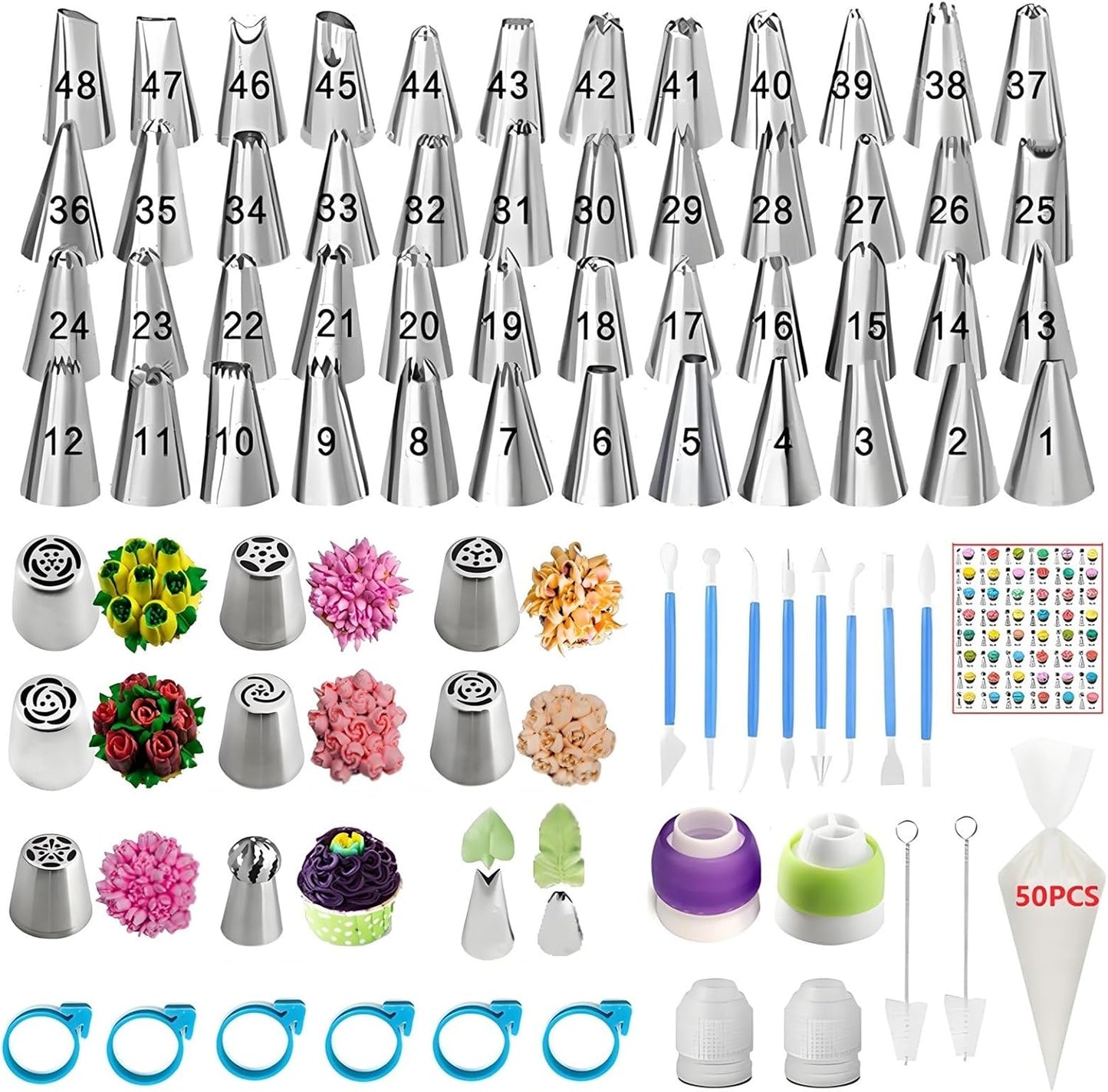 130 Pcs Piping Bags and Tips Set with 48 Numbered Icing Tips,7 Russian Tips,1 Ball Tip,2 Leaf Tips,Pattern Chart,8 Carved Pens,4 Couplers,6 Ties,50 Disposable Pastry Bags for Cake Decorating