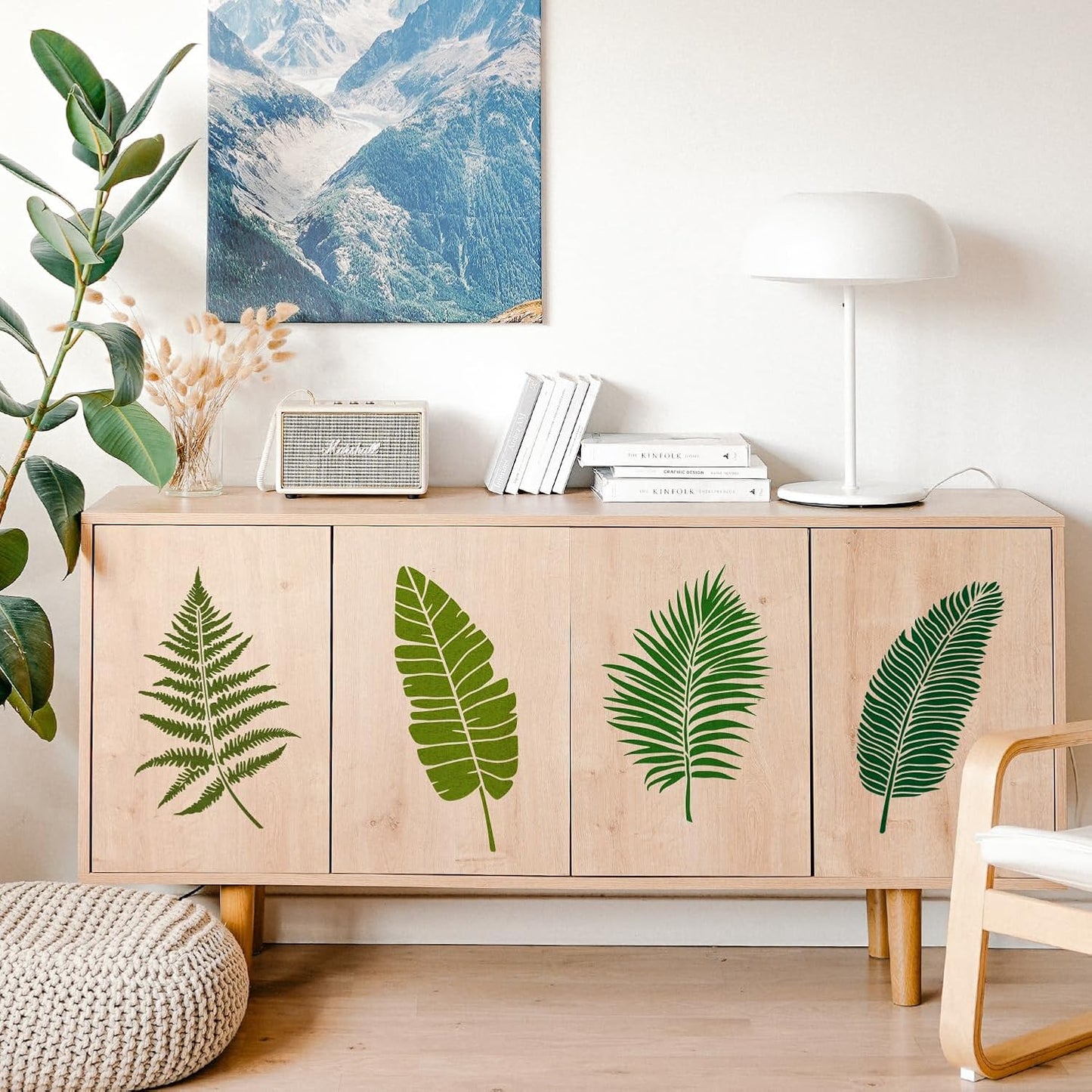 6PCS Large Leaf Stencils for Painting on Walls 16 x 12 Inch Plant Stencil with Brushes Palm Leaf Wall Stencil Tropical Leaves Stencils Plastic Art Drawing Templates for Home Wall Decor