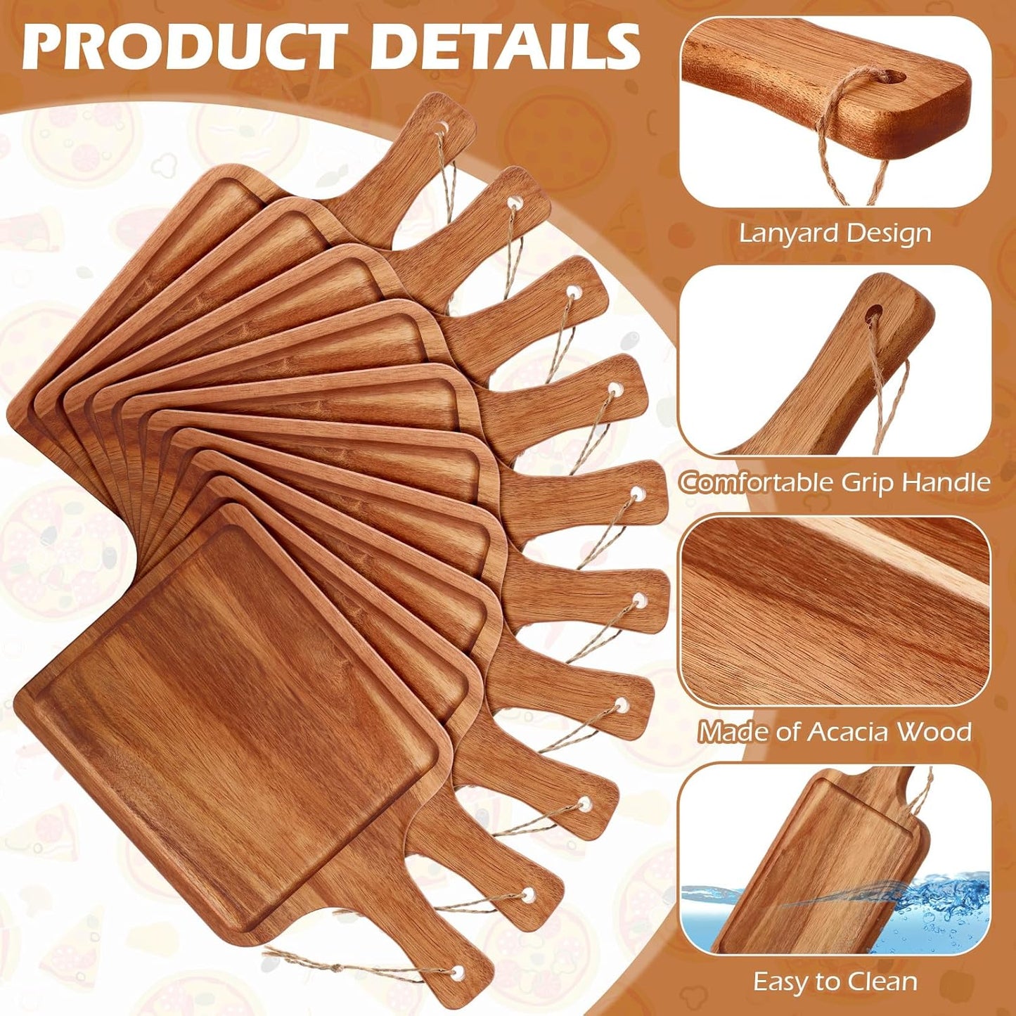 Tanlade 16 Pcs Acacia Wood Cutting Board with Handle Chopping Boards Decorative Charcuterie Platter Pizza Bread Cheese Fruit Serving Tray for Kitchen Counter Table Christmas Decorate(14 x 8 Inch)