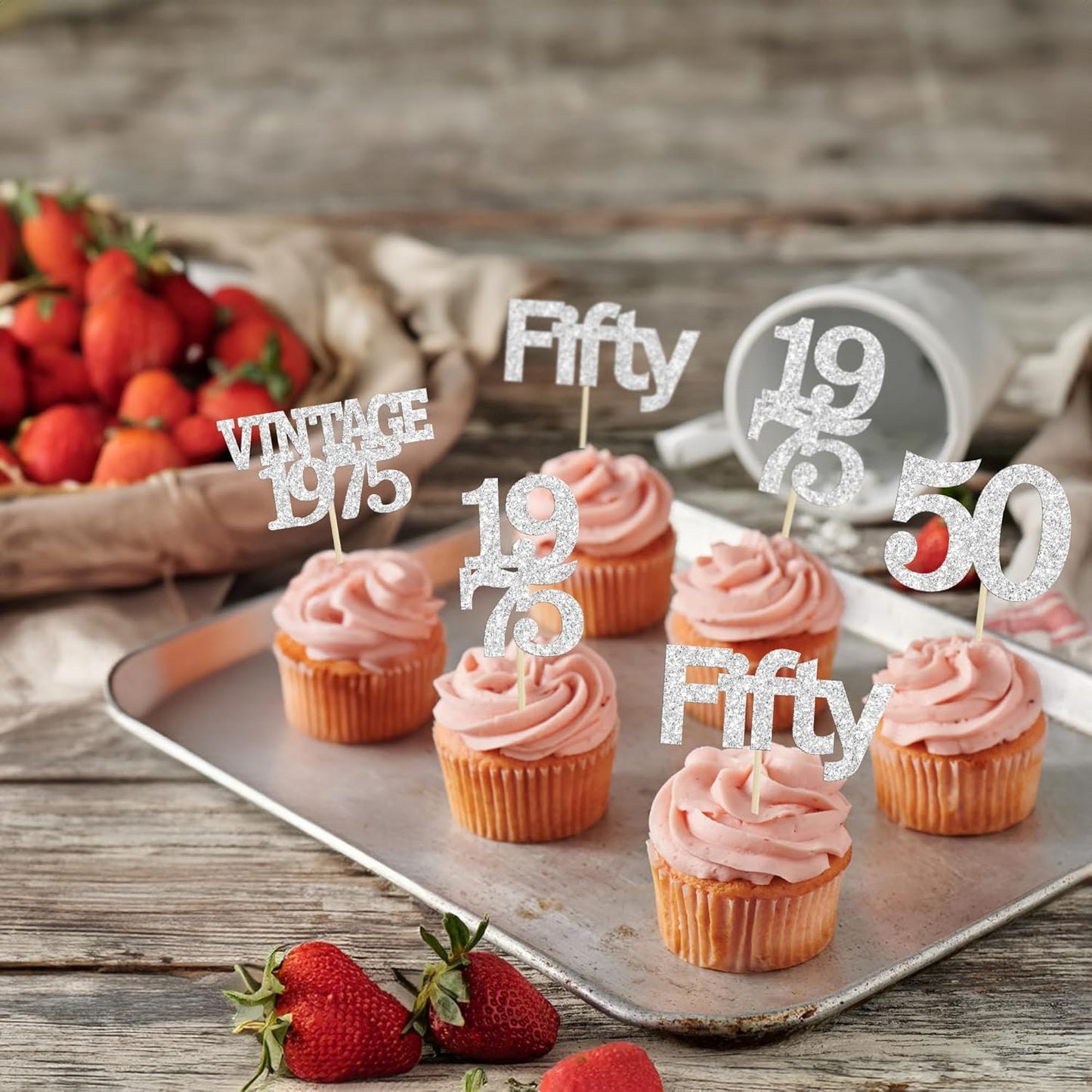 Gyufise 24Pcs 50th Birthday Cupcake Toppers Cheers to 50 Fabulous Fifty Vintage 1975 Cupcake Picks 50th Birthday Wedding Anniversary Party Cake Decorations Supplies Silver