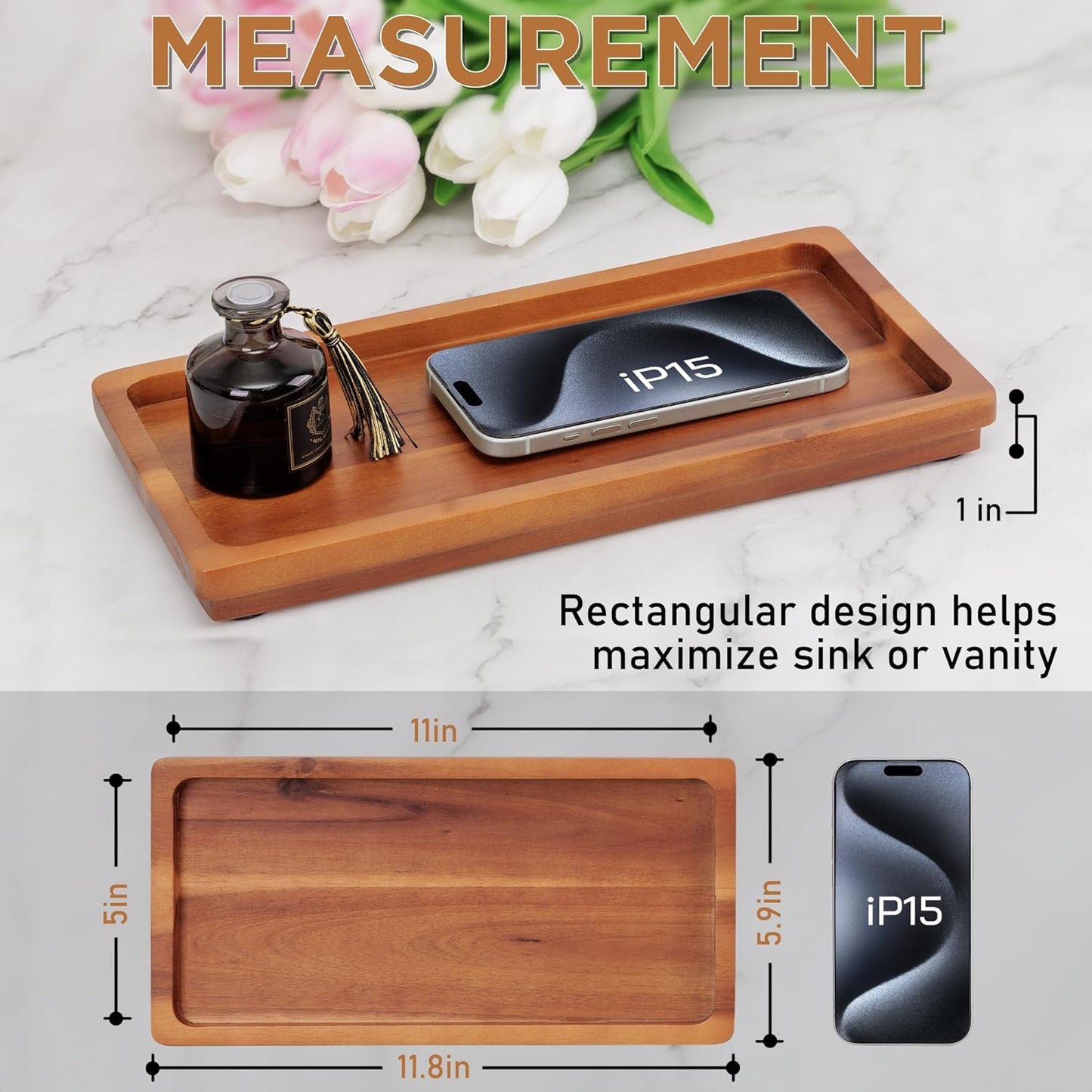 Bathroom Vanity Tray 11.8 x 5.9 inches of Natural Acacia Wood - Elegant Organizer for Cosmetics, Jewelry, Perfume, Candle, Key - Premium Wood Tray for Bathroom, Kitchen, Countertop, Toilet Tank, Sink