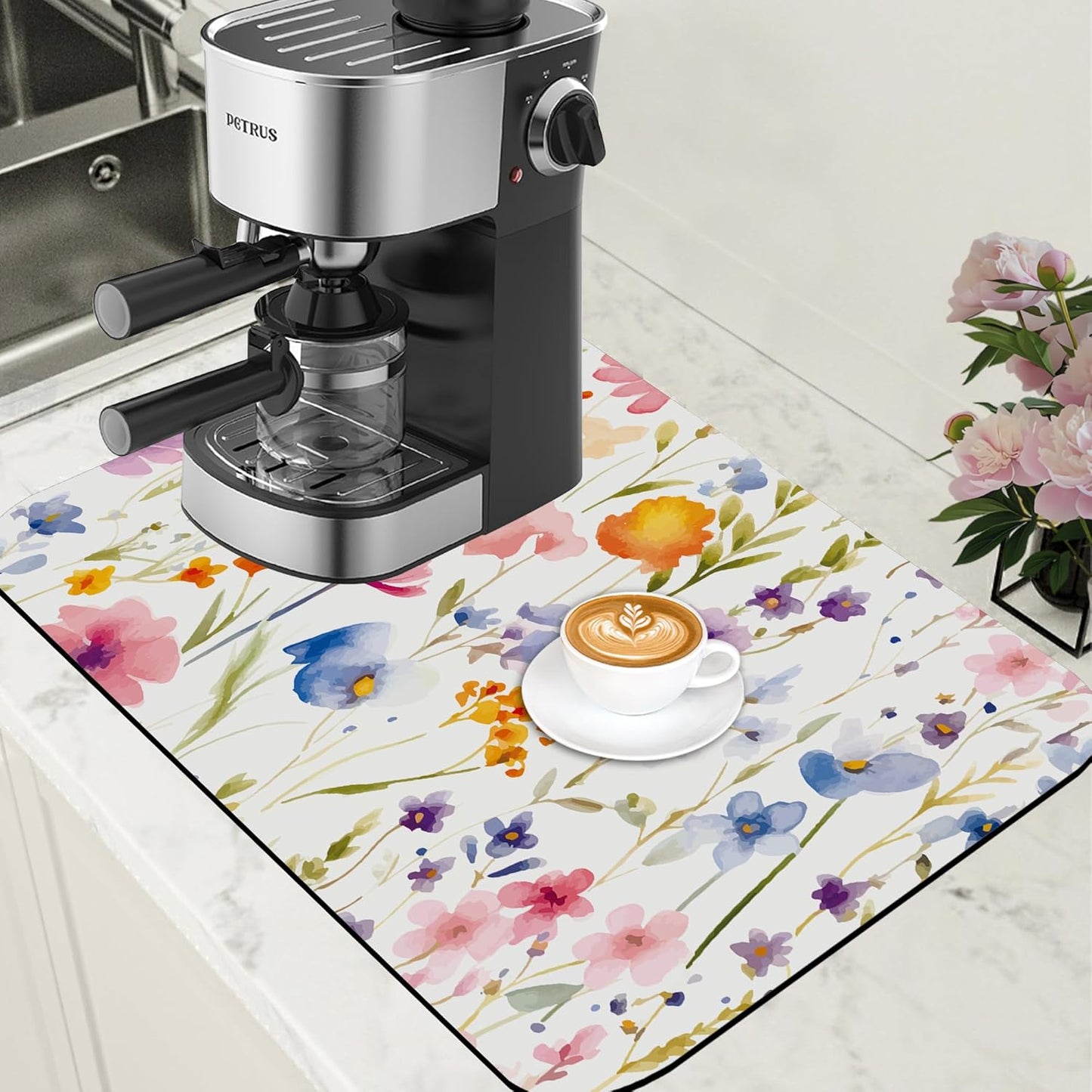 Watercolor Floral Meadow Coffee Mat Absorbent Dish Drying Mat for Kitchen Counter Hide Stain Rubber Backed Coffee Bar Accessories Fit Under Espresso Machine, 15.7 x 23.6 Inch