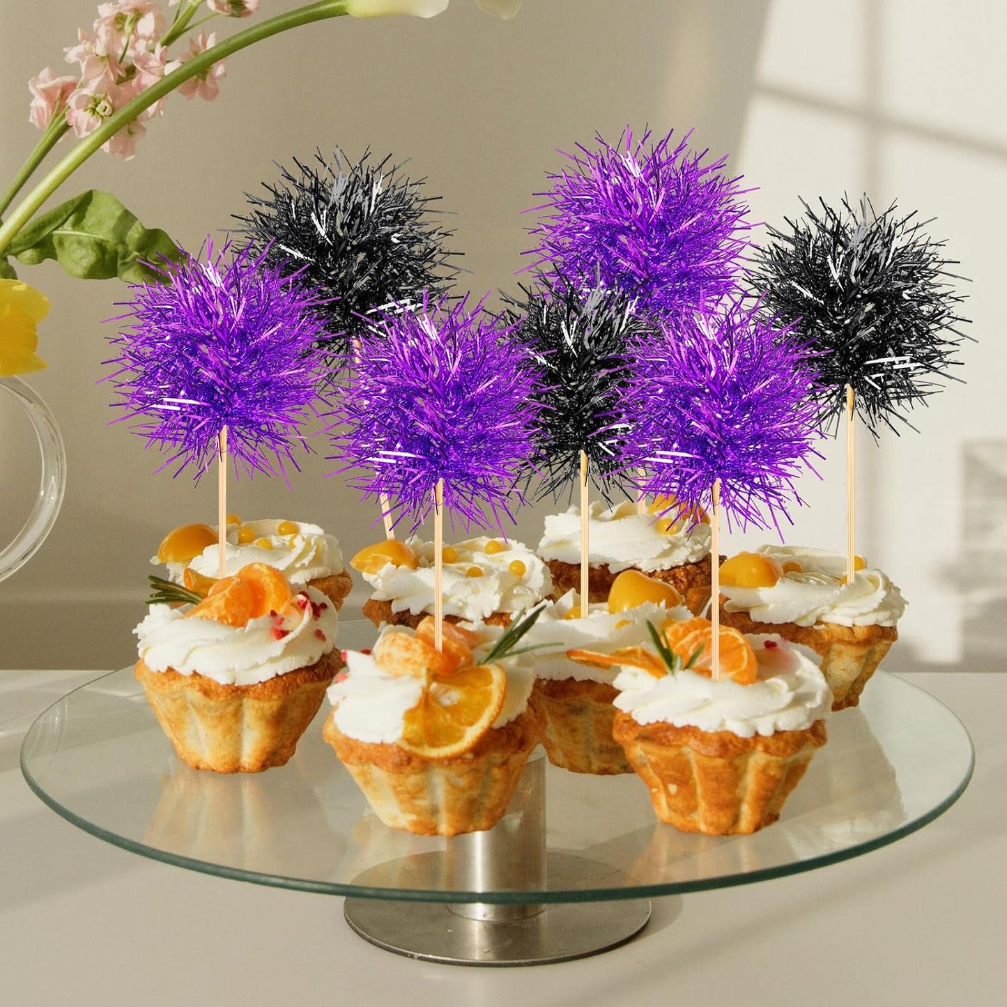 Chinco 100 Pcs Foil Firework Cupcake Toppers Sparkle Tinsel Cake Toppers Cake Decoration Cocktail Fruit Toothpick for Birthday Wedding Graduation Party(Purple, Black)