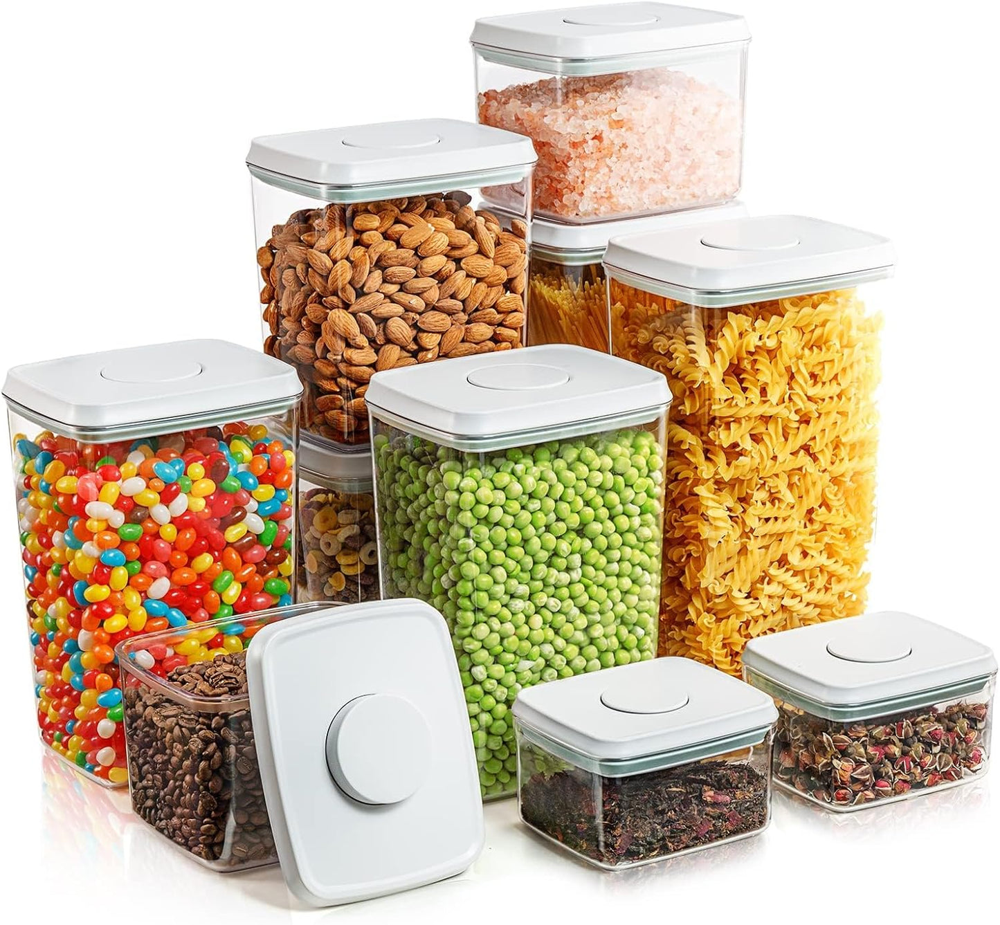 Airtight Pop Food Containers with Lids, 10 PCS Kitchen and Pantry Organization Canisters for Cereal, Dry Food, Sugar, Snack, Flour, Spaghetti