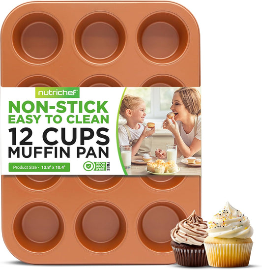 NutriChef 12-cup Copper Oven Muffin Pan, Non-Stick Coated Layer Surface, Even Heating Muffin Tray for Muffins, Cupcakes, Pastries & Mini Pies, Used for Model Number NCBSCC54
